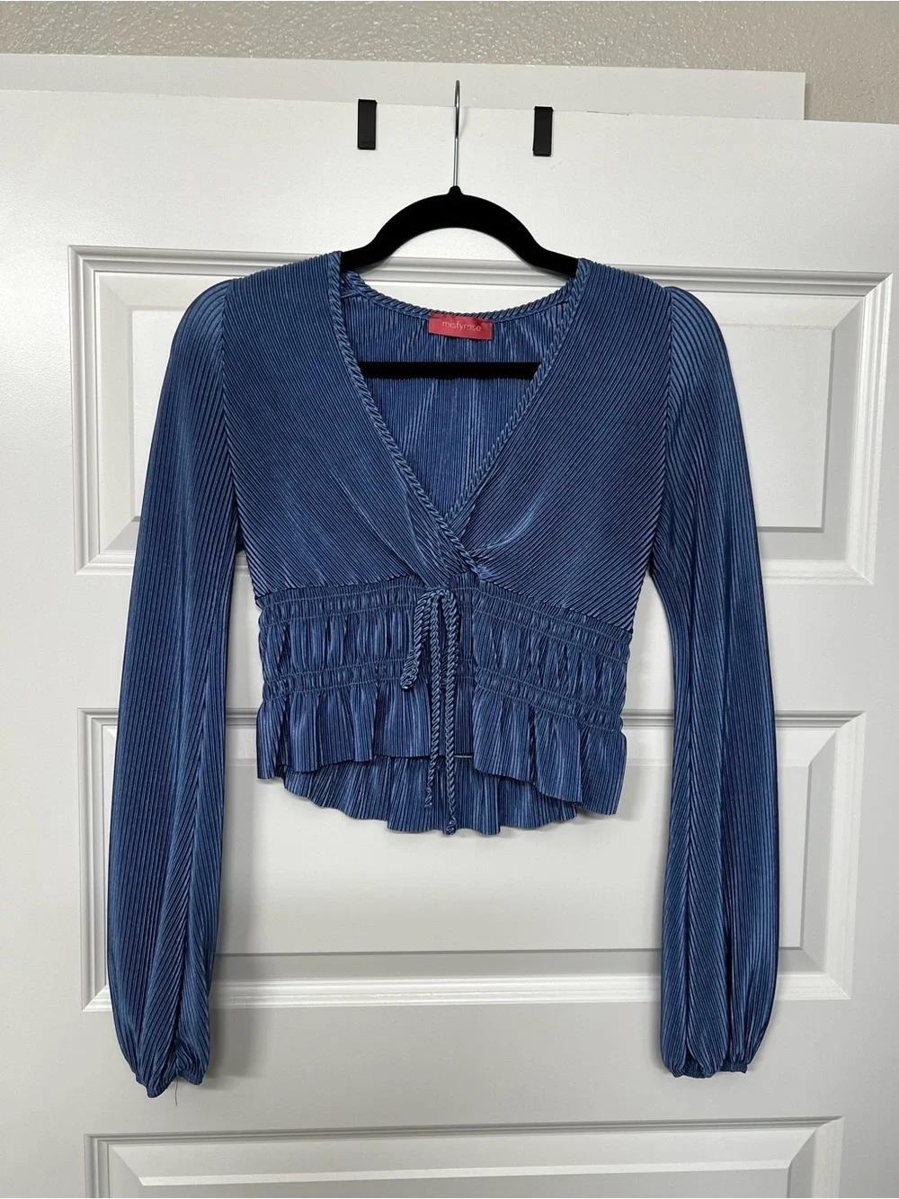 Pleated Blue Wrap-Front Long Sleeve Crop Top
